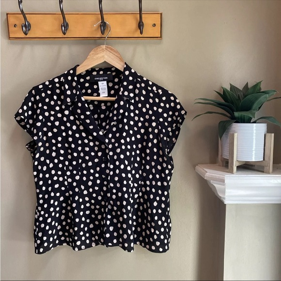 [10P] JONES NY Vintage blouse silk polka dot crop black beige summer cap sleeve - Picture 1 of 5